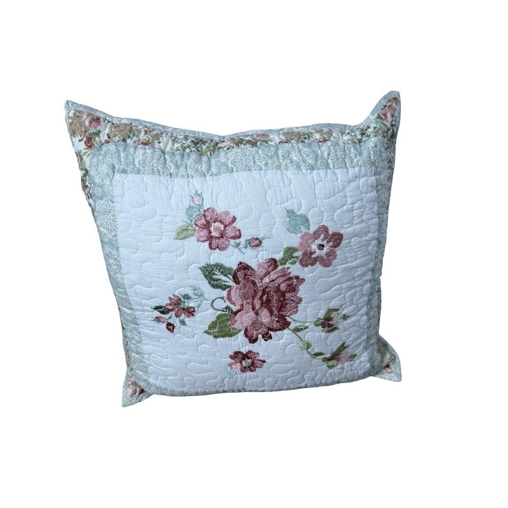 Quilted floral Pink embroidered Square Throw Pillow Boudoir Handmade‎ 15"x15"
